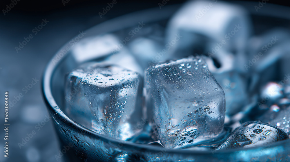 Poster close-up of transparent ice cubes with water drops in a cold, refreshing setting.