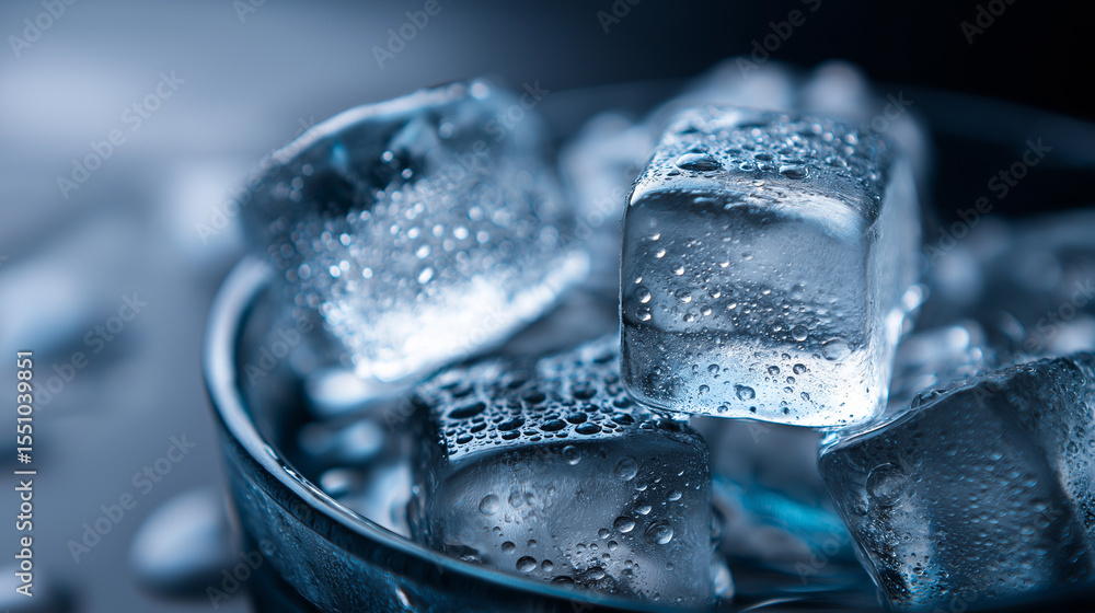 Poster close-up of transparent ice cubes with water drops in a cold, refreshing setting.