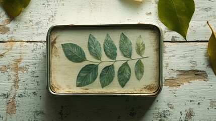 Tin of Cream with Green Leaf on White Wooden Surface 