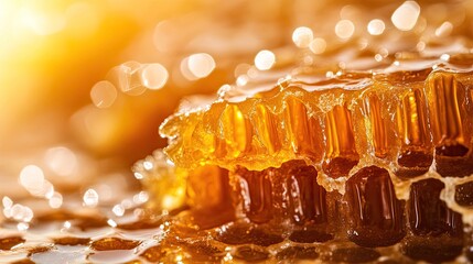 Thick Honey Dripping Down in Golden Hue, Macro Shot