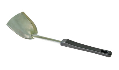 One metal spatula or kitchen utensil with black handle isolated with clipping path in png file format