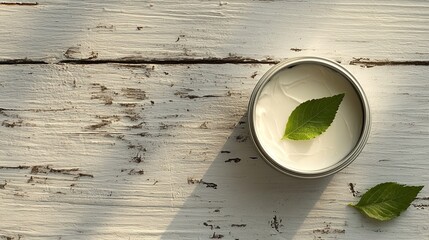 Tin of Cream with Green Leaf on White Wooden Surface 