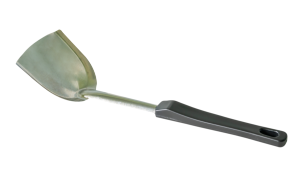 One metal spatula or kitchen utensil with black handle isolated with clipping path in png file format