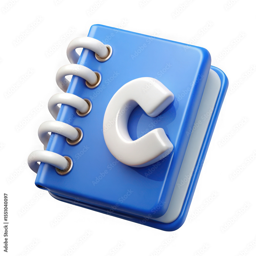 Poster a 3d rendering of a blue spiral notebook icon with a white letter c, isolated on transparent backgro