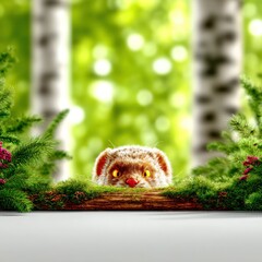 Curious Weasel Peeking from Mossy Log in Birch Forest
