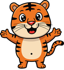 Cute cartoon tiger with happy expression, standing with open arms, friendly wild animal character, children’s jungle illustration, smiling baby tiger mascot, vector design art