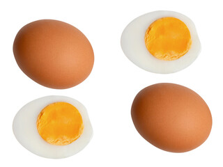 Top view set of two raw brown chicken eggs and two boiled or cooked eggs in two halves with egg yolk isolated on white background with clipping path