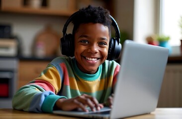 Little schoolboy smiling, studying online, african american boy or girl wearing headphones using laptop. Online education at home for children concept
