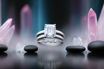 Emerald Cut Diamond Ring with Pink and Black Crystals