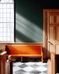 Empty Courtroom with Orange Bench and Sunlight