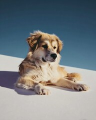 Fluffy Brown Dog Lying in the Snow Against a Blue Sky