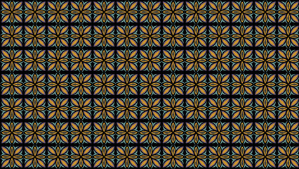 Repeating floral pattern with gold and blue petals on a black background creating a symmetrical design