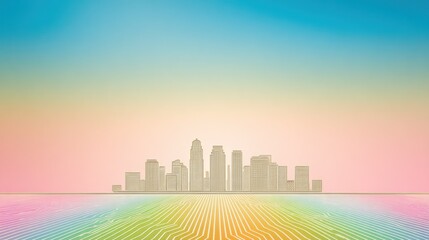 Futuristic City Silhouette at Sunset with Rainbow Horizon