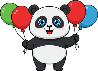 Cute panda cartoon holding colorful balloons, happy animal character illustration, children’s party theme, vector art for kids decor, celebration, fun design, playful mood