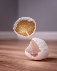 Glowing Golden Mycelium Mushroom Sculpture on Wooden Floor
