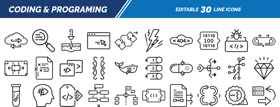 Line icons of programming concepts including code editor, API, bugs, function flow, source files, error messages, and cloud-based development tools.