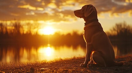 Vizsla Dog Sitting in Scenic Golden Light