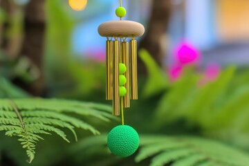 Golden And Green Windchime Hanging Outdoors