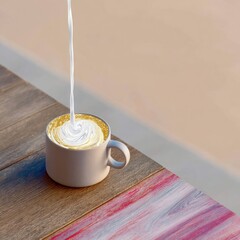Golden Milk Pouring into Coffee Cup on Wooden Table