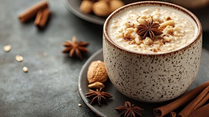 Warm Oatmeal in Speckled Cup with Star Anise and Pine Nuts 