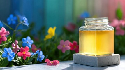 Golden Light Illuminates Honey Jar Amidst Colorful Flowers