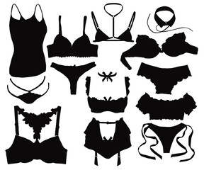 Women's underwear. Sexy Lingerie Collection vector, swimsuit or  lace underwear elements. Three or two piece bikini set. Lady underclothes, sports plunge bra, panties. Women spaghetti skinny tops.