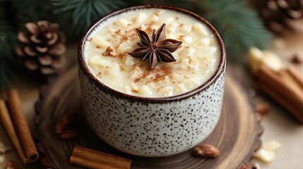 Warm Oatmeal in Speckled Cup with Star Anise and Pine Nuts 