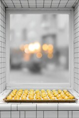 Golden Pastries on a Baking Tray in a Bakery Window