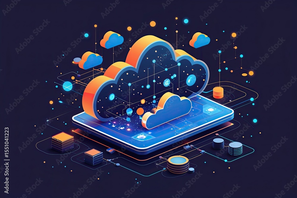 Poster creative illustration of a cloud data storage network with geometric forms and particles