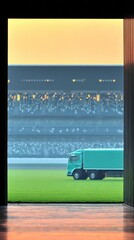 Green Truck on a Grassy Field Viewed Through a Doorway at Sunset