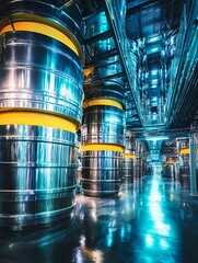 Industrial cylinders in gleaming warehouse interior