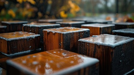 Wet, brown wooden park blocks captured in close-up, reflecting the aftermath of rain 
