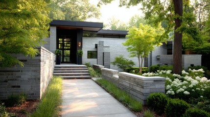 Garden walkway leading to modern gray house entryway surrounded by layered brick and foliage