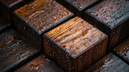 Wet, brown wooden park blocks captured in close-up, reflecting the aftermath of rain 