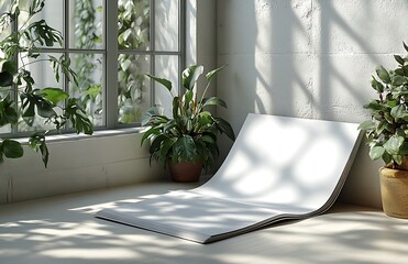 Minimalist indoor yoga space with natural light and potted plants

