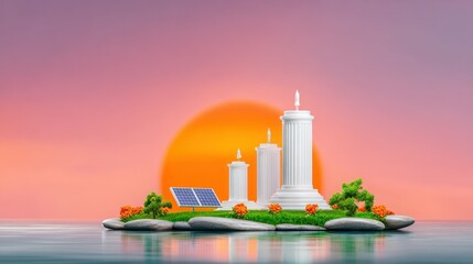 Island with White Towers and Solar Panel at Sunset