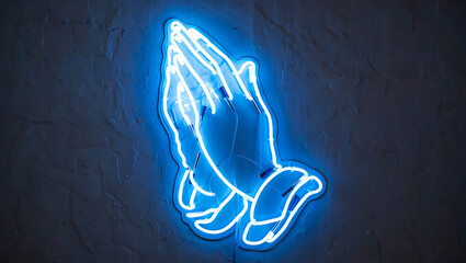 Vibrant blue neon praying hands sign illuminates textured dark wall