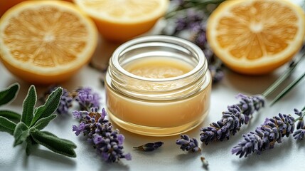 White Background with Citrus-Lavender Balm in a Cream Jar 