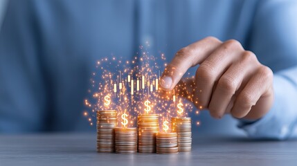 business graph with dollar symbol, investment app interface floating above hand with sparkles and dollar graph