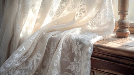 White damask fabric draped over a wooden rail, highlighting intricate patterns and textures 