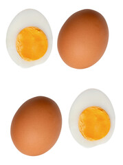 Top view set of two raw brown chicken eggs and two boiled or cooked eggs in two halves with egg yolk isolated with clipping path in png file format