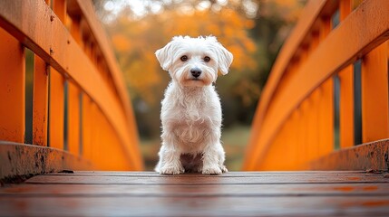 White Dog Sitting on Bright Orange Bridge 