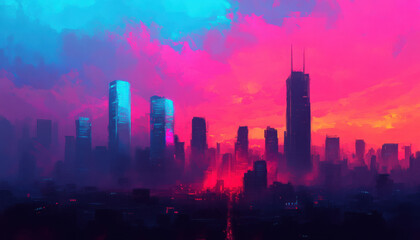 Fototapeta premium A vibrant city skyline under a dramatic sunset sky.