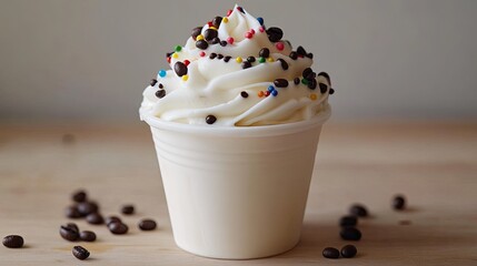 White Frozen Yogurt with Coffee Beans and Rainbow Sprinkles