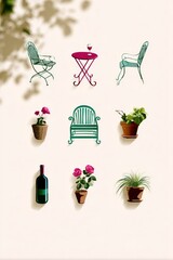 Minimalist Line Icons of Patio Furniture and Plants