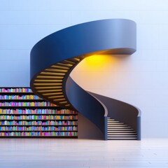 Modern Dark Spiral Staircase with Colorful Bookshelf