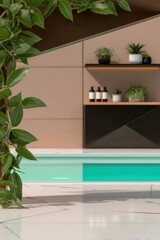 Modern Minimalist Interior Design with Teal Pool and Lush Greenery