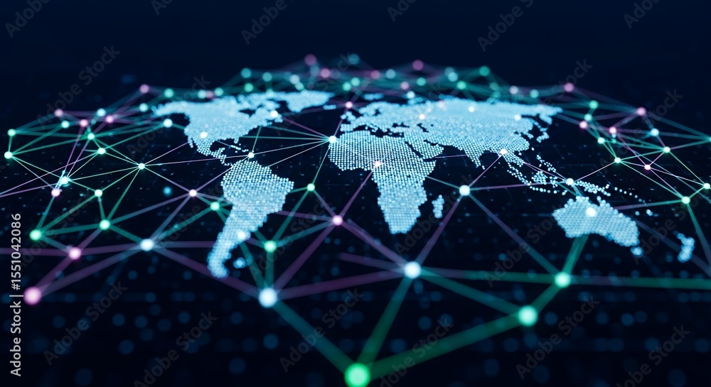 Poster abstract world map visualization with network connections, global communication and technology conce