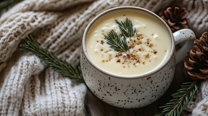 White Mug of Creamy Drink with Pine and Knit Texture 