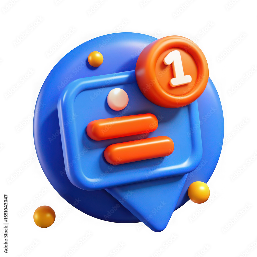 Poster 3d render of a blue notification icon with number one, isolated on transparent background